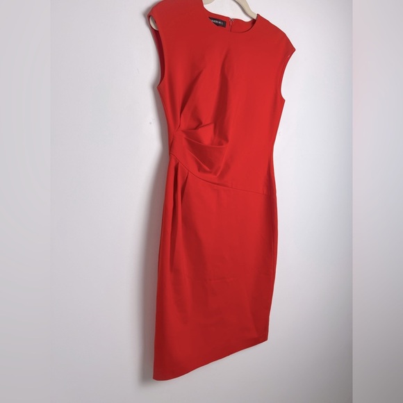 Lafayette 148 New York Red Orange Cape Sleeve Ruched Side Sheath Dress Size 4 - Picture 3 of 9